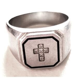 Mens Diamond or CZ Accent Stainless Steel Signet Cross Faith Ring Size 12